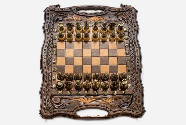 Luxury Chess Set with Handle and Bronze Pieces - hand-carved combo board