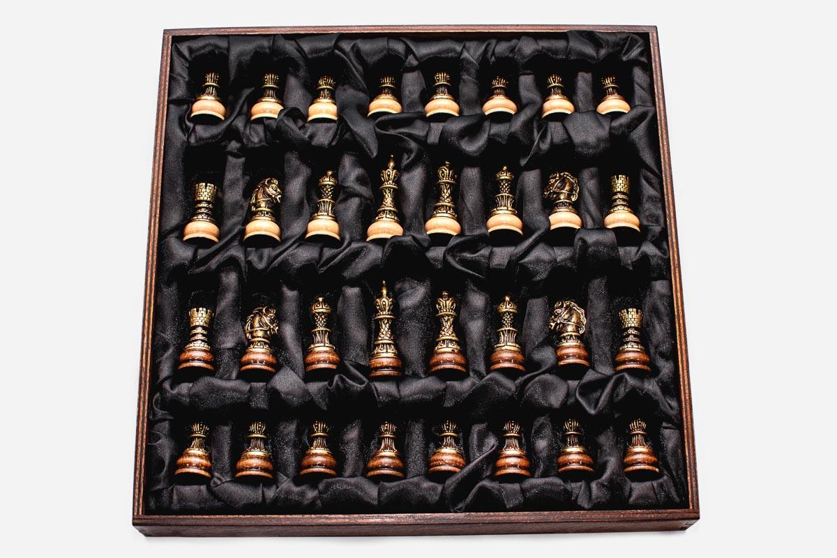 Luxury chess backgammon set with bronze pieces, checkers and dice
