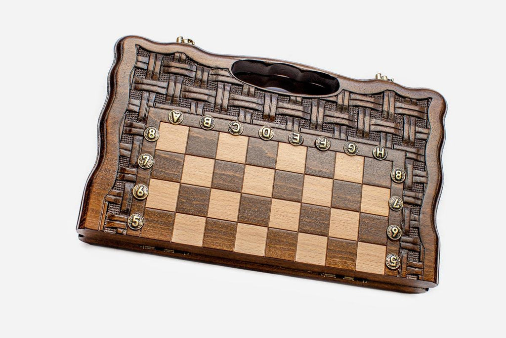 Travel chess set open with the backgammon playing field inside - 11.8 inch / 30 cm