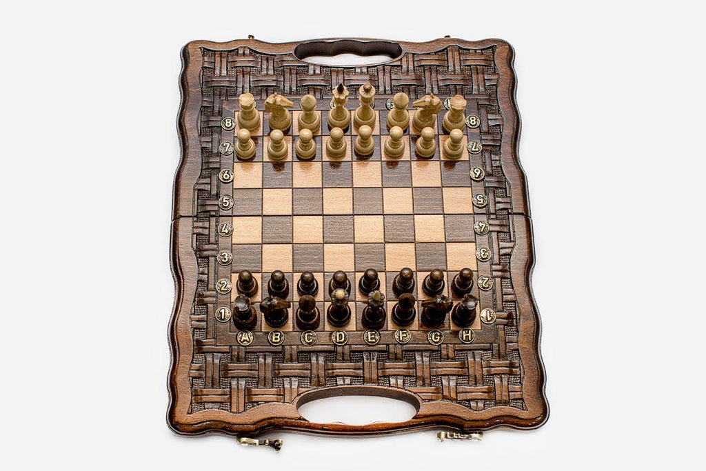 Fully Carved Chess Set with Handle - Lattice - handmade wooden combo board