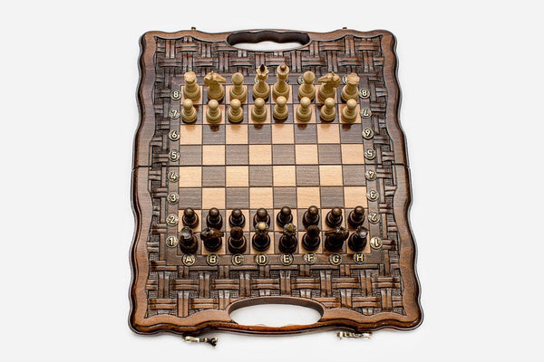 Fully Carved Chess Set with Handle - Lattice - handmade wooden combo board