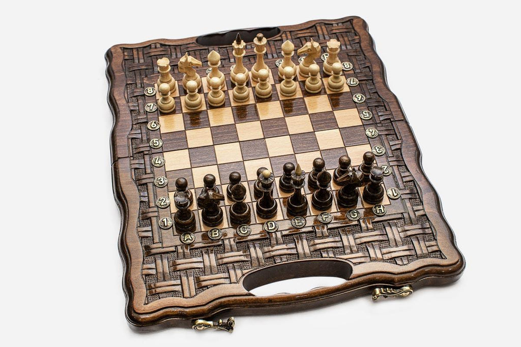 Lattice chess backgammon set with wooden pieces, checkers, dice and carrying bag