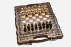 Lattice chess backgammon set with wooden pieces, checkers, dice and carrying bag