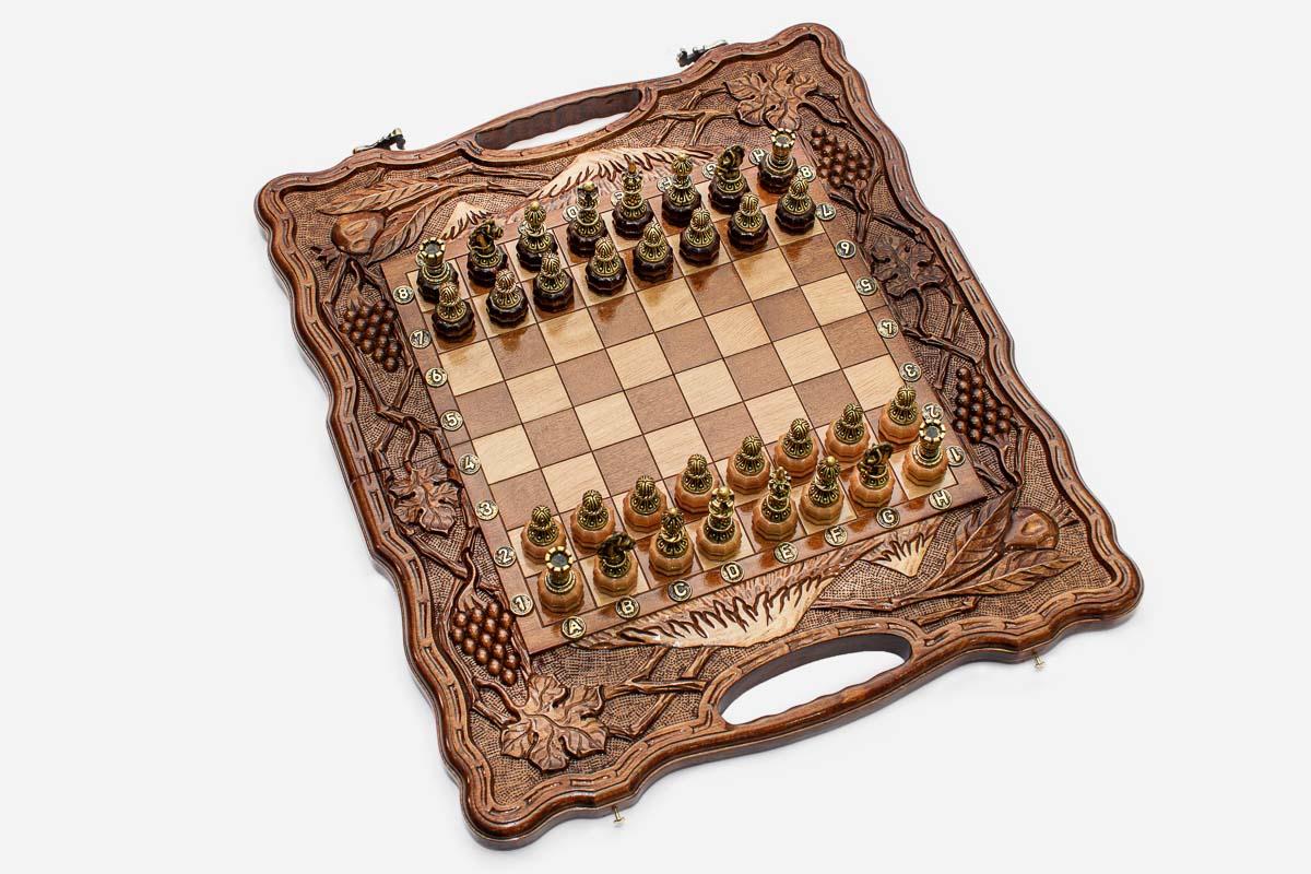 Luxury Armenian Chess Set with Bronze Pieces - hand-carved chess backgammon set