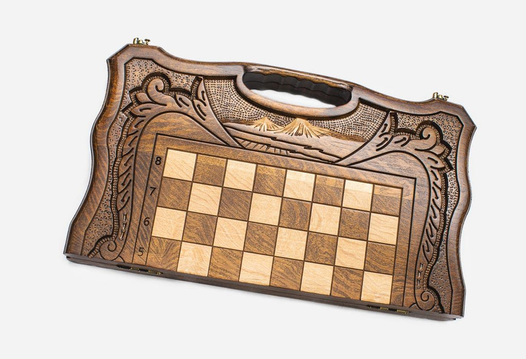 Chess set open with the backgammon playing field inside - 15.7 inch / 40 cm