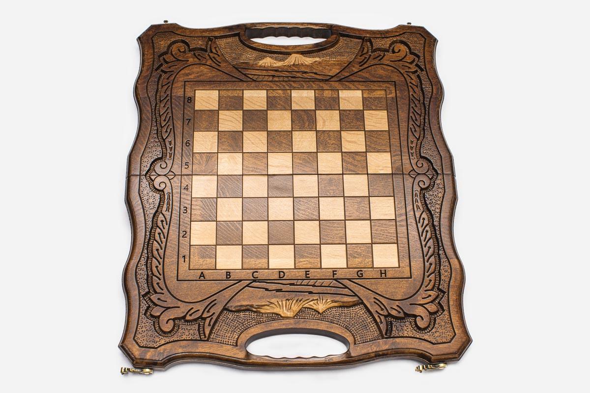 Mount Ararat hand-carved in relief on a wooden chess board - detail