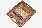 Armenian chess backgammon set with wooden pieces, checkers, dice and carrying bag