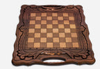 Angled view of the Mount Ararat chess set with its beech and walnut pieces