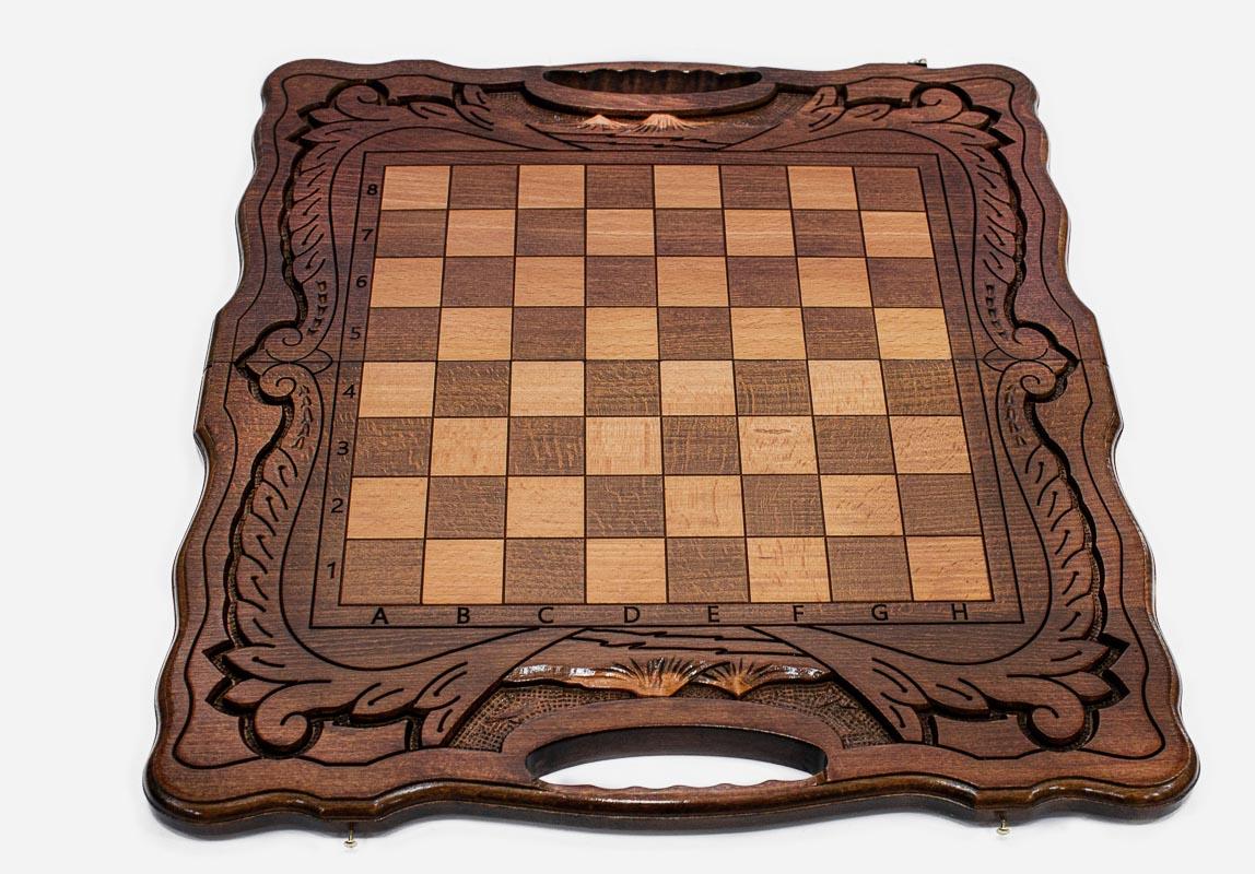 Angled view of the Mount Ararat chess set with its beech and walnut pieces