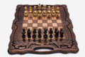 Armenian walnut chess set with a Mount Ararat inlay and hand-carved corners, pieces in starting position