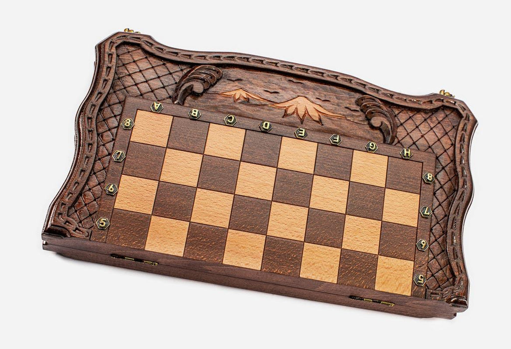 Luxury Armenian chess backgammon set with wooden pieces and checkers