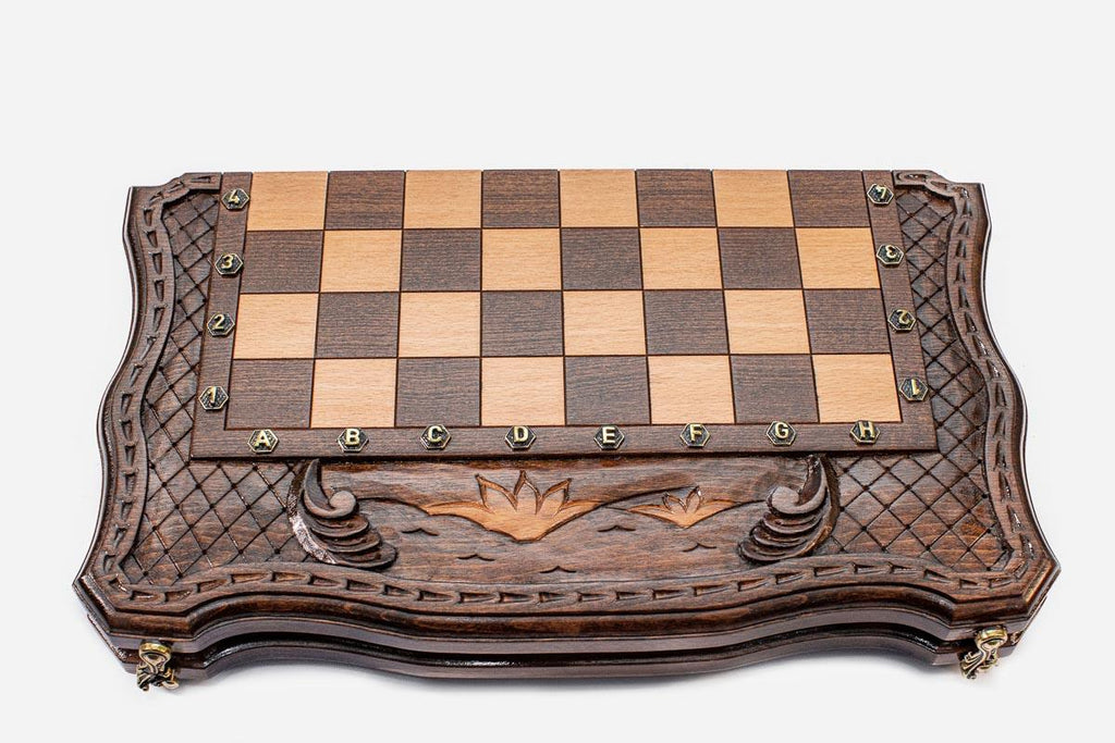 Chess set open with the backgammon playing field inside - 15.7 inch / 40 cm