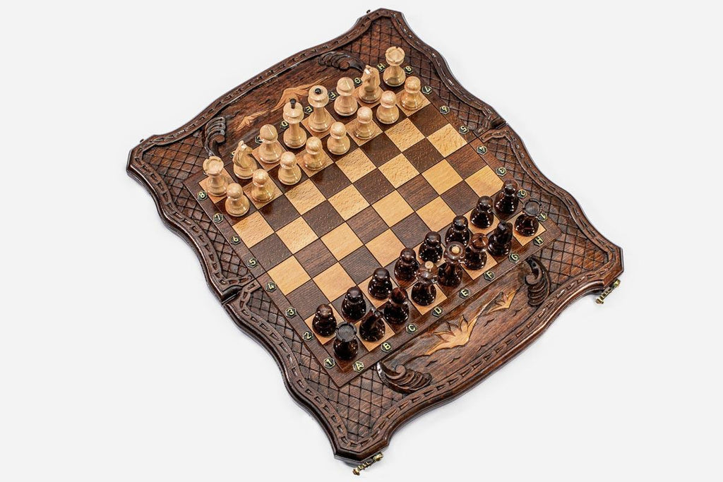 Hand-carved lattice frame on a luxury chess set - side view