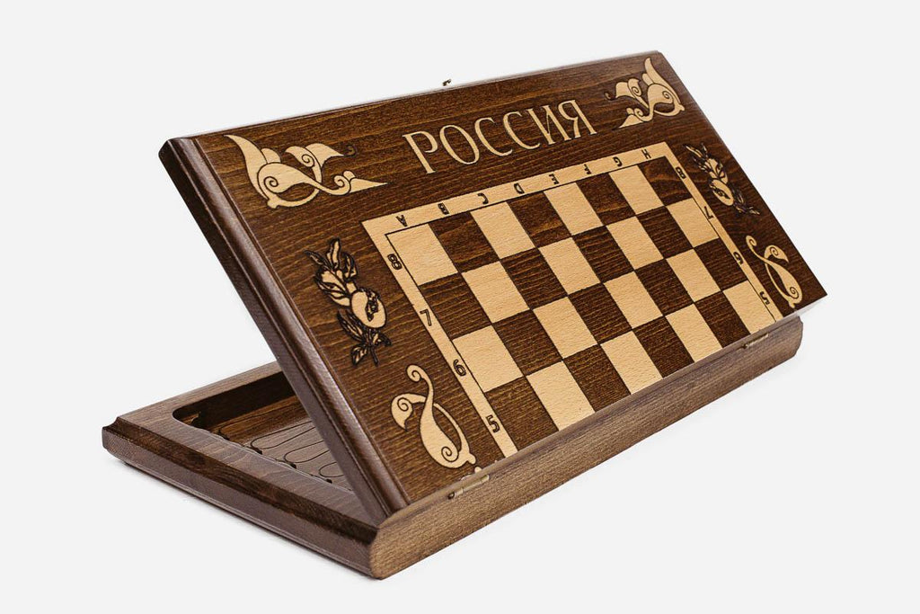 Handmade wooden chess set open to the 15.7 inch / 40 cm playing field