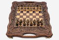 Luxury walnut chess backgammon set with deeply carved borders and an ornate bronze chess army set up for play