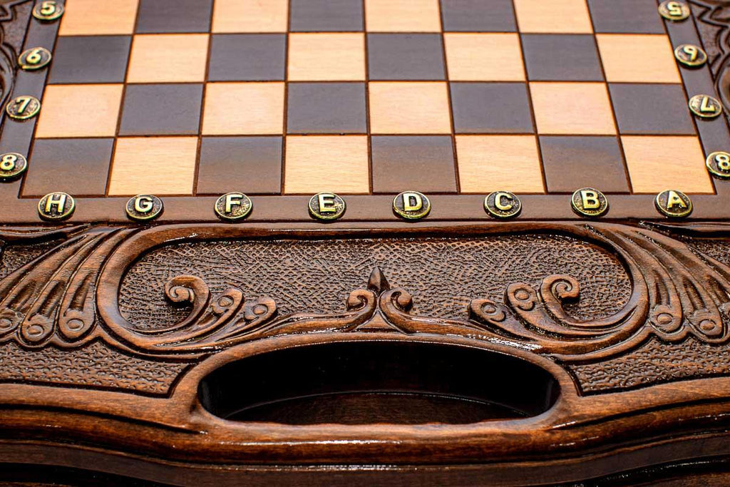 Close-up of the carved border, bronze coordinate markers and built-in carry handle