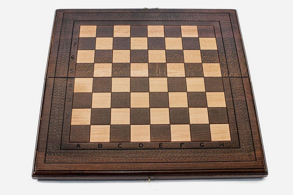 Wooden chess and backgammon set folded with bronze hinges and clasps