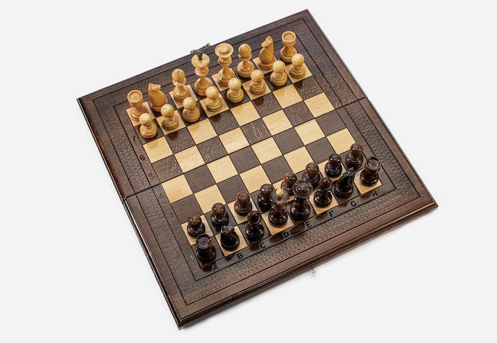 Wooden chess backgammon set with pieces, checkers, dice and carrying bag