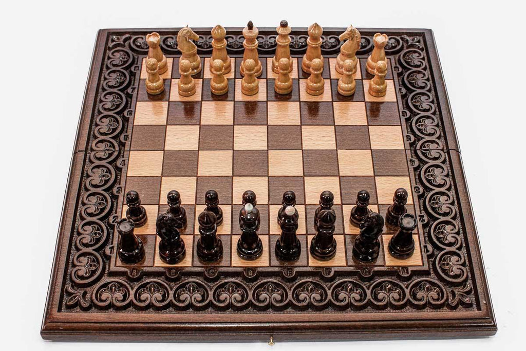 Chess Set with Floral Border and Backgammon Inside - handmade wooden combo board