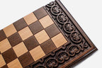 Handmade chess set with carved blossom border - side view