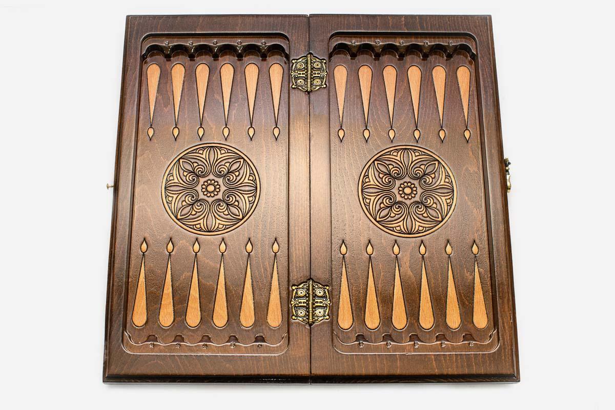 Handmade chess and backgammon set folded with bronze hinges and clasps