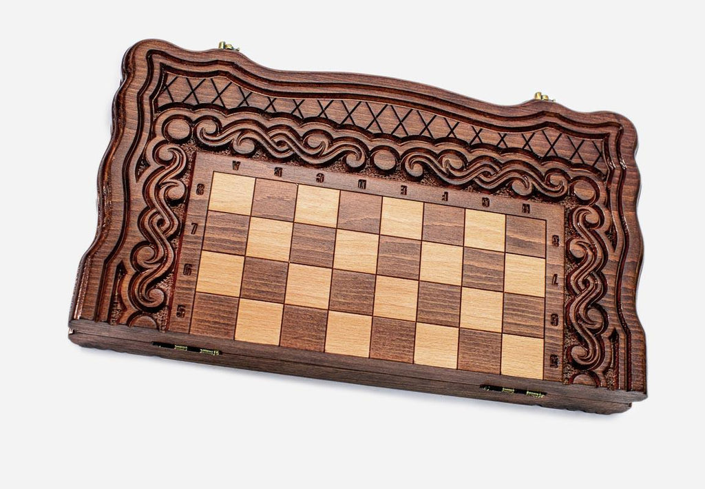 Clean hand-carved border on a classic chess board - detail