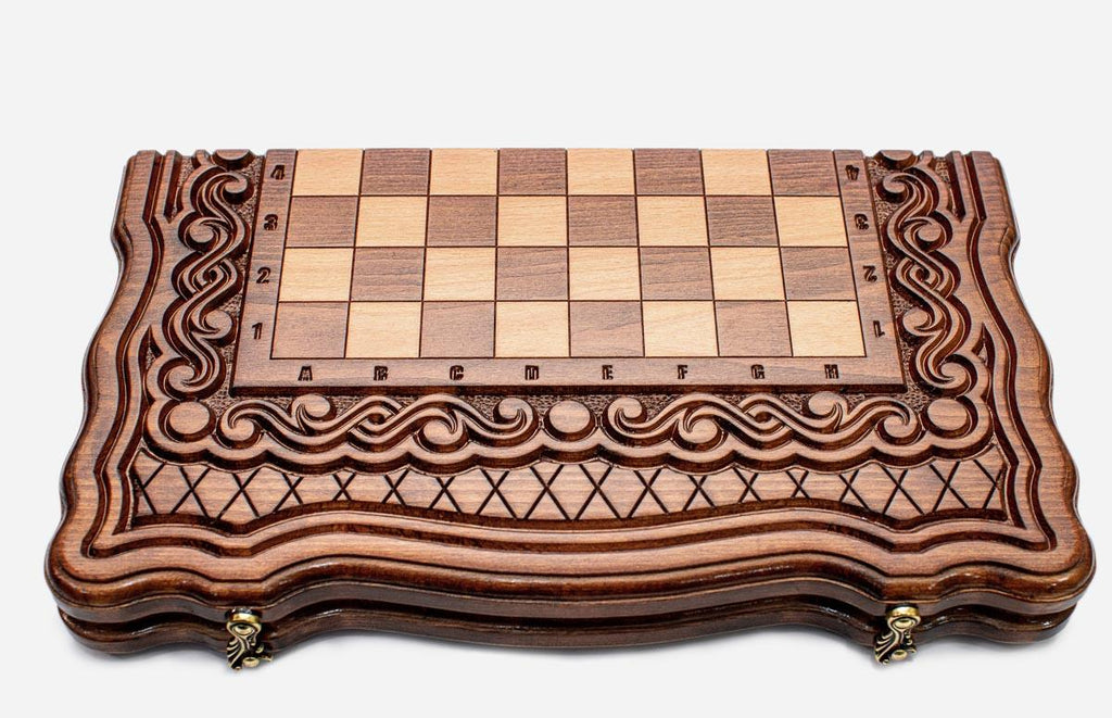 Handmade chess set - side view with warm wood grain