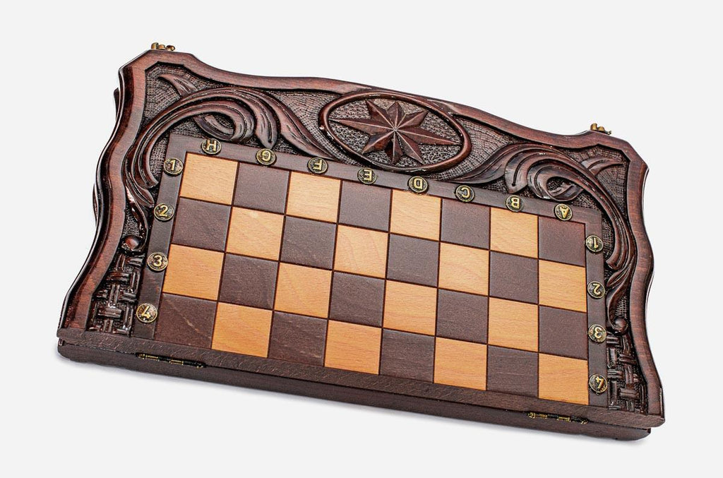 Precise octagon ornament hand-carved on a wooden chess board - detail