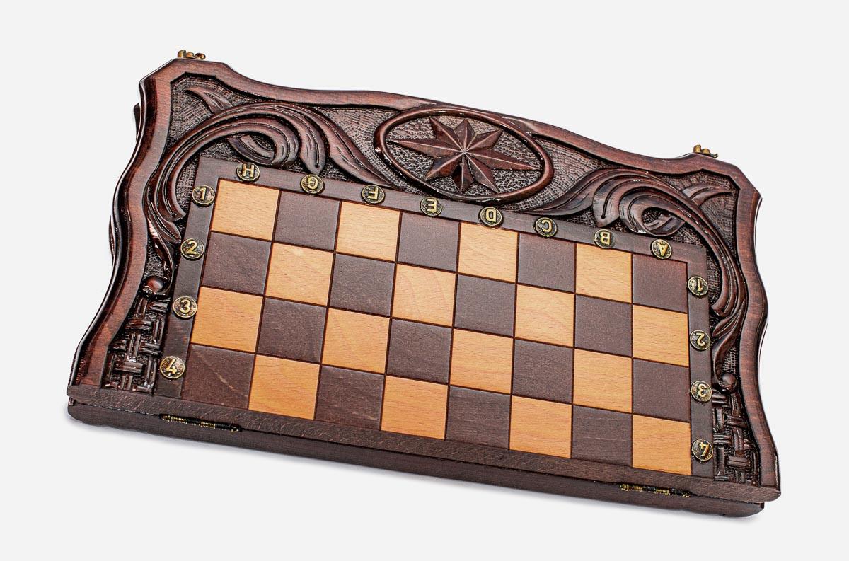 Precise octagon ornament hand-carved on a wooden chess board - detail
