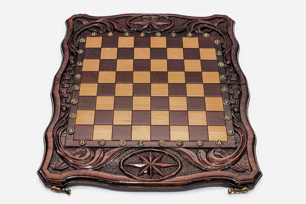 Octagon chess and backgammon set folded with bronze hinges and clasps