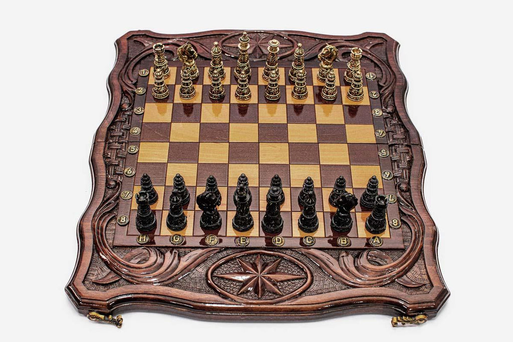 Luxury Chess Set with Octagon and Bronze Pieces - handmade combo board