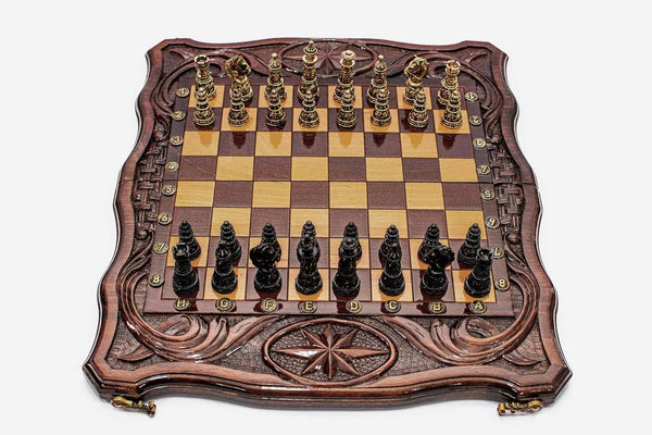 Luxury Chess Set with Octagon and Bronze Pieces - handmade combo board