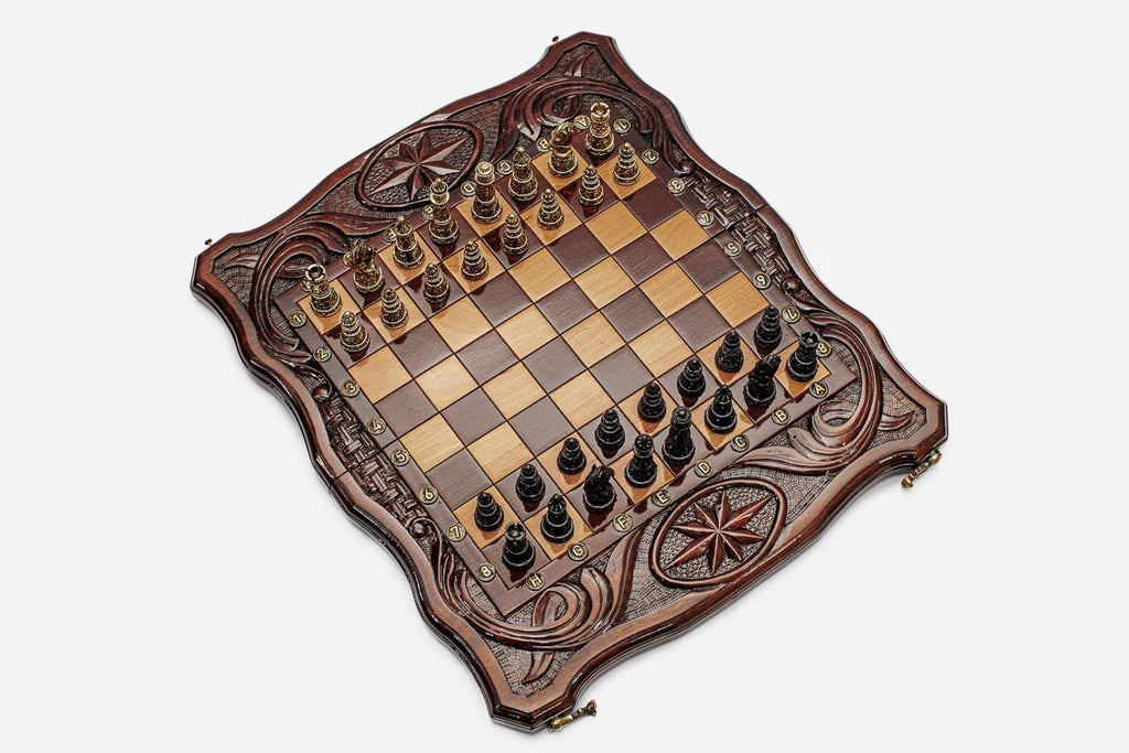 Chess set open with the backgammon playing field inside - 15.7 inch / 40 cm