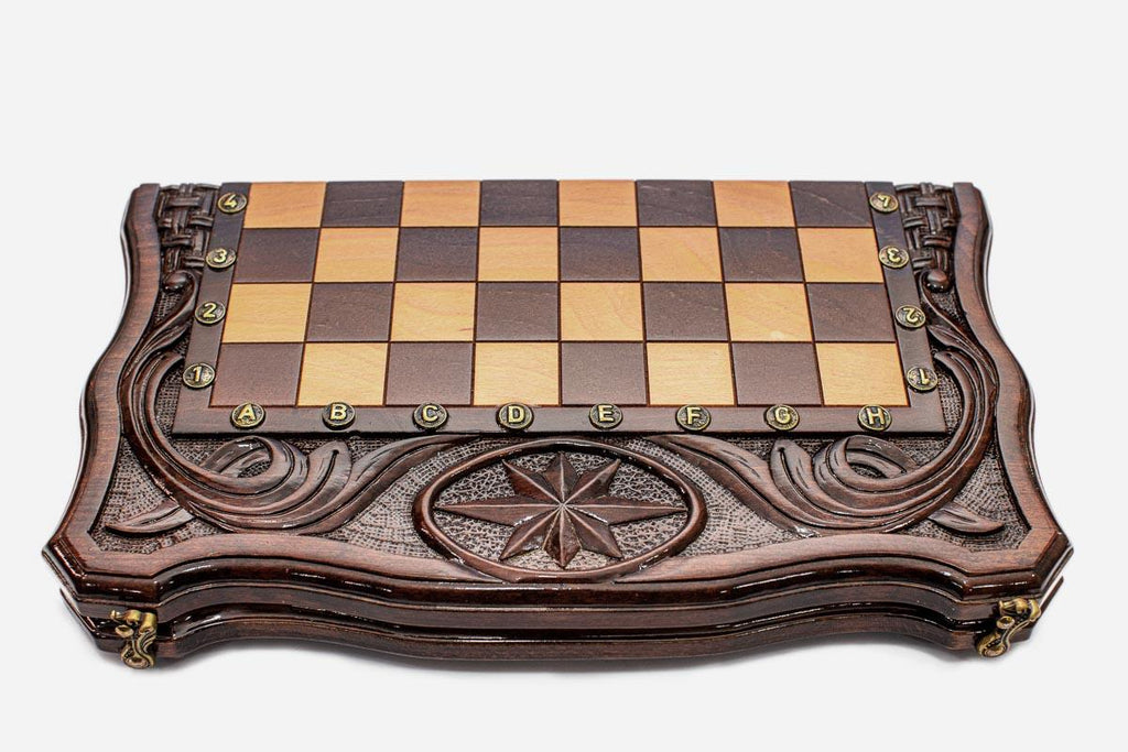 Luxury octagon chess backgammon set with checkers, dice and carrying bag