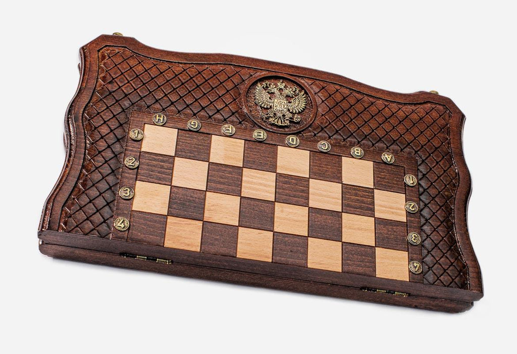Luxury Russian chess backgammon set with wooden pieces and checkers