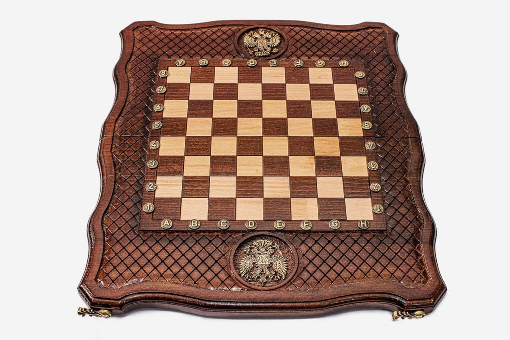 Russian coat of arms chess set folded with bronze hinges and clasps
