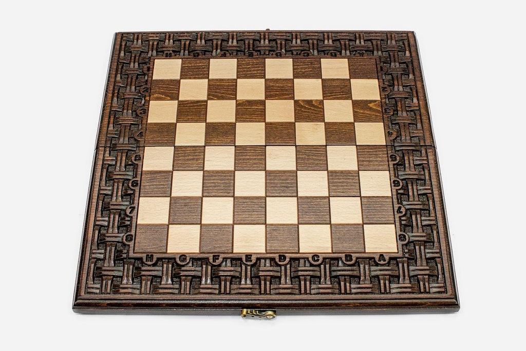 Lattice chess and backgammon set folded with bronze hinges and clasps