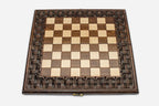 Lattice chess and backgammon set folded with bronze hinges and clasps
