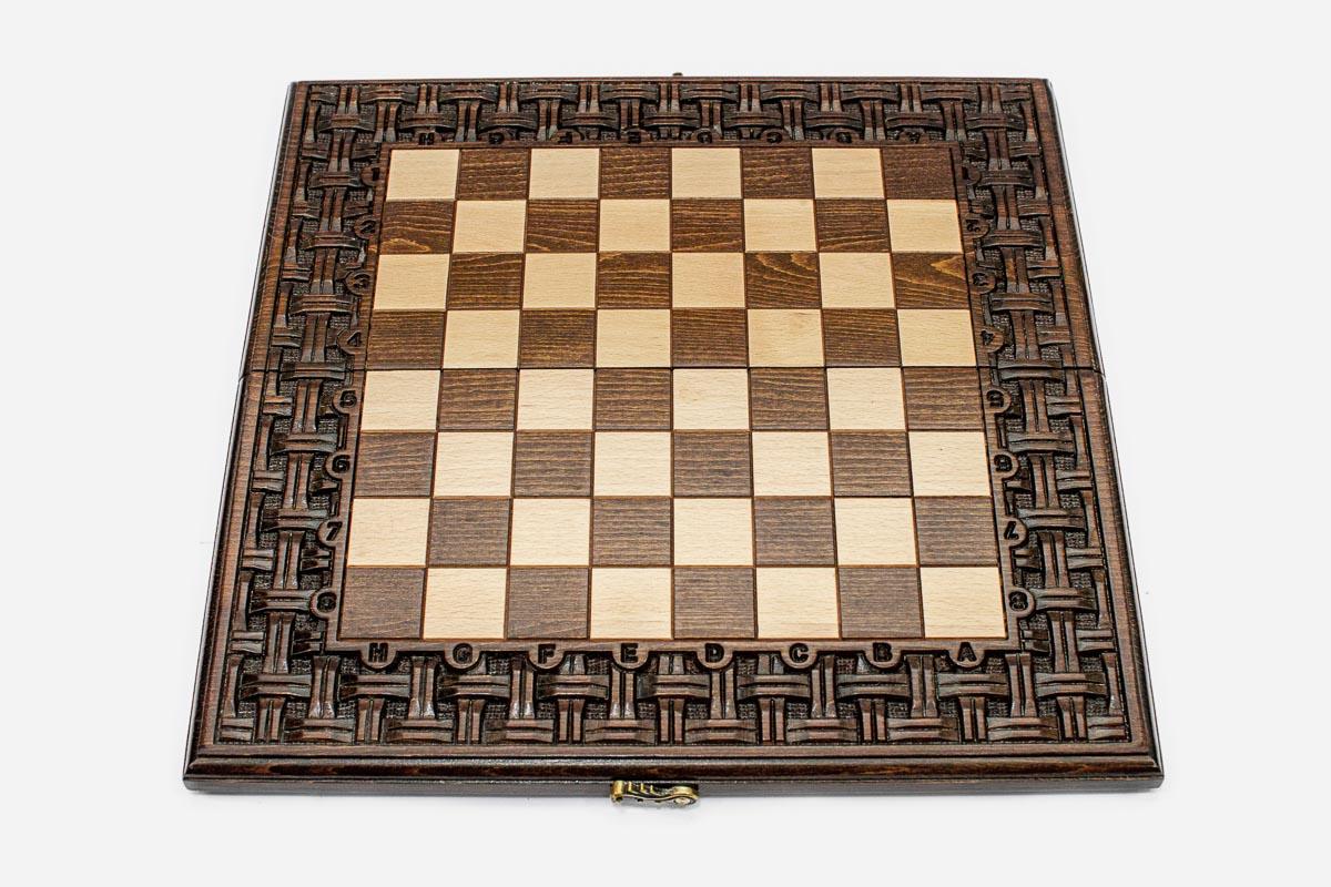 Lattice chess and backgammon set folded with bronze hinges and clasps