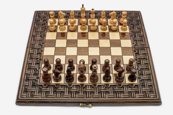 Carved Chess Set with Lattice and Backgammon Inside - handmade wooden combo board