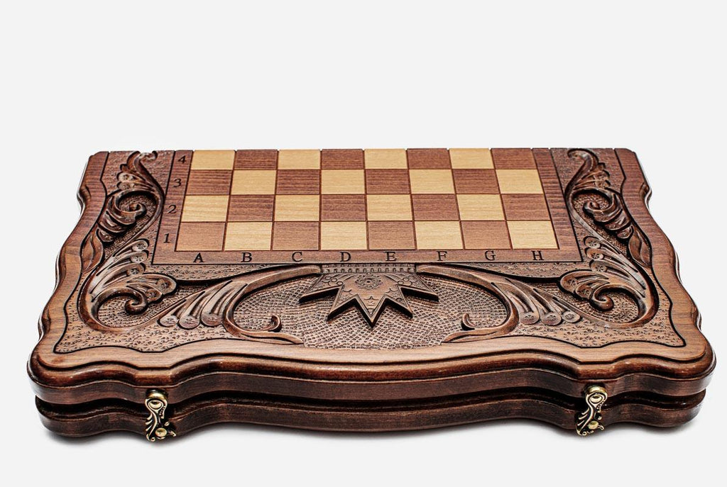 Chess set open with the backgammon playing field inside - 15.7 inch / 40 cm