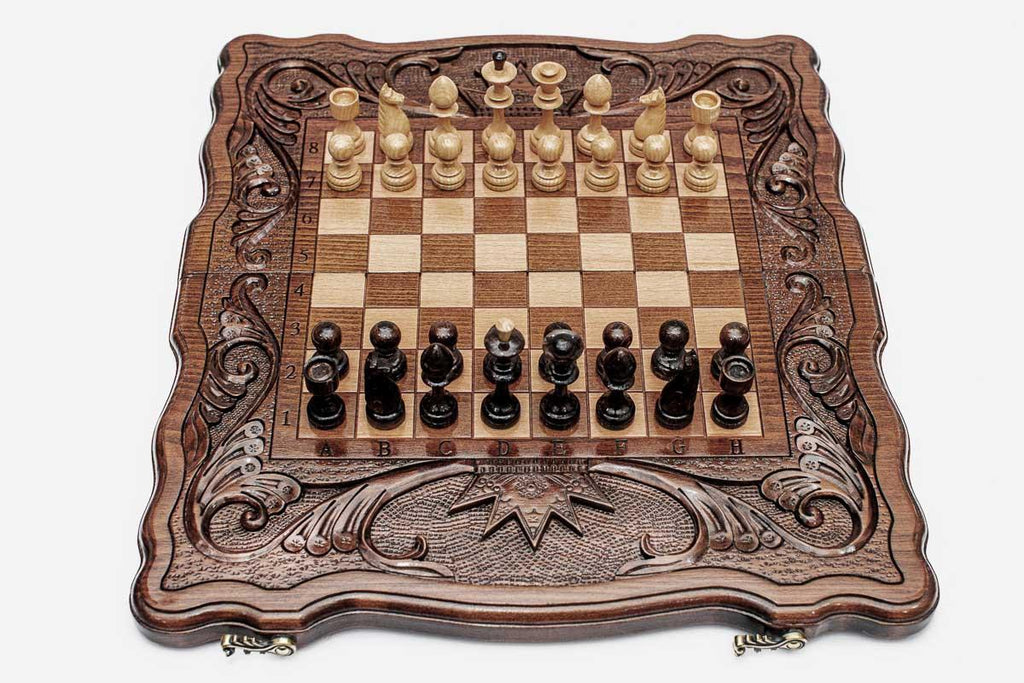 Chess Set with Royal Crown and Backgammon Inside - handmade wooden combo board