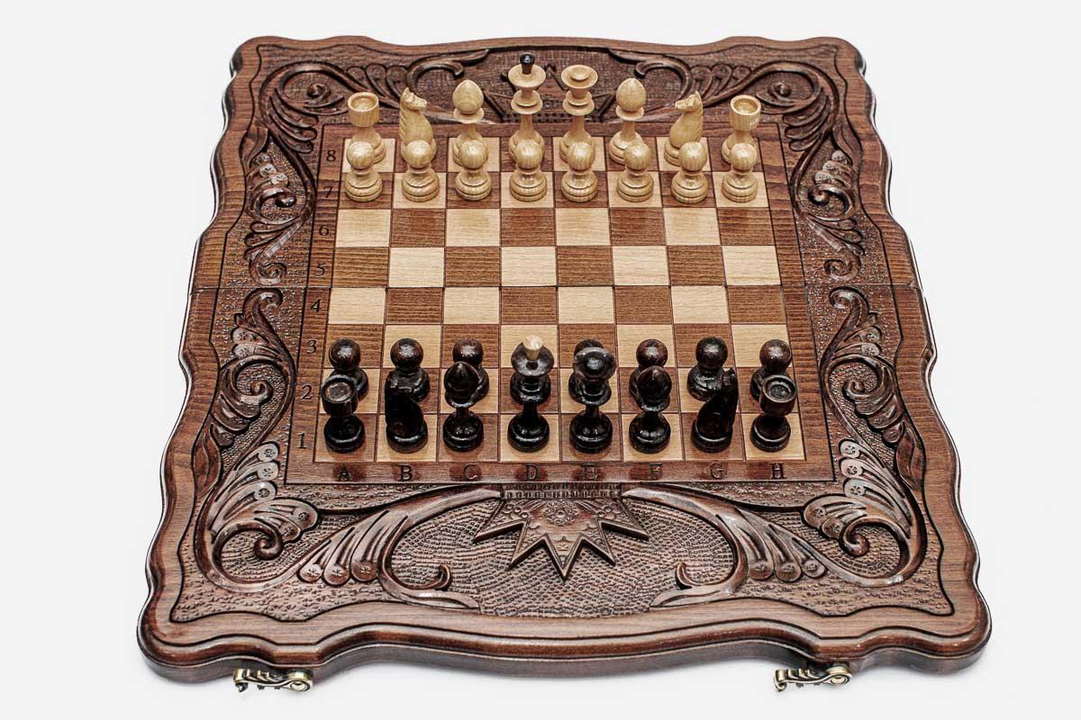 Chess Set with Royal Crown and Backgammon Inside - handmade wooden combo board