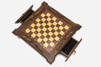 Top-down view of the compact chess set with both side storage drawers pulled out