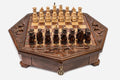 Octagonal wooden chess set with carved fleur-de-lis border and wooden pieces set up on the inlaid board