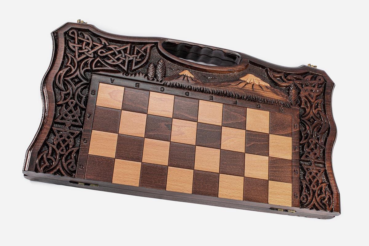 Chess set open with the backgammon playing field inside - 19.6 inch / 50 cm
