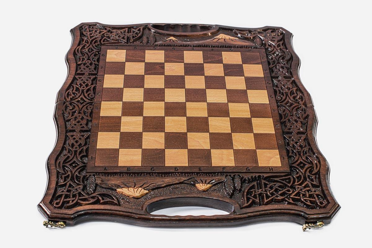 Large Mount Ararat chess and backgammon set folded with bronze hinges and clasps
