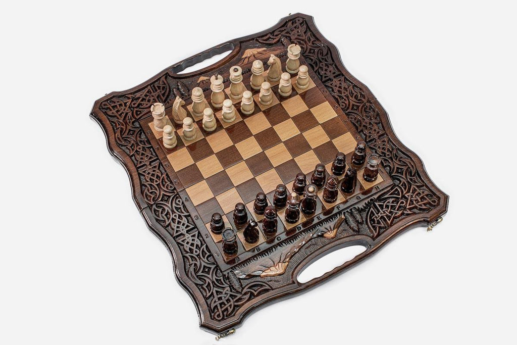 Luxury Armenian chess backgammon set with pieces, checkers, dice and carrying bag