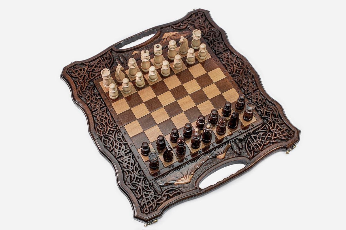 Luxury Armenian chess backgammon set with pieces, checkers, dice and carrying bag
