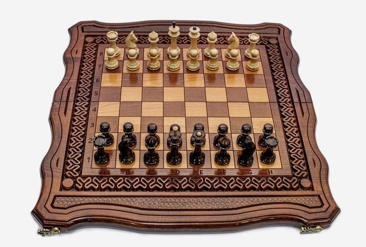 Carved Chess Set with Ornaments and Backgammon Inside - handmade wooden combo board